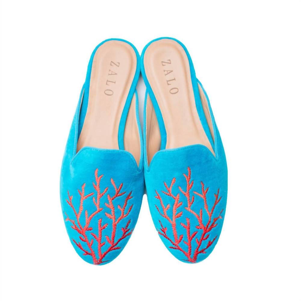 NEW HOUSE OF ZALO coral velvet mule in turquoise